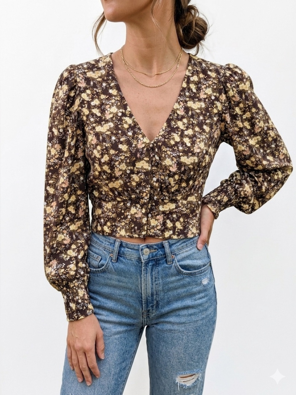 AFRM Brown Floral V-Neck Smocked Crop Top Puff Sleeves Size M